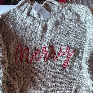 LOFT Tan Sweater with Red Merry Design